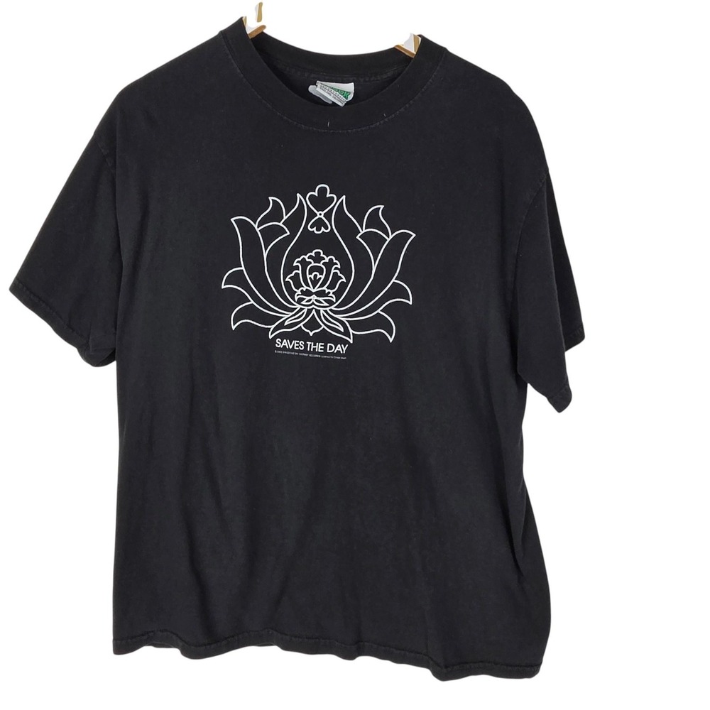 Vtg Saves The Day Shirt Mens Large Black Lotus Graphic Band Tee Cinder Block